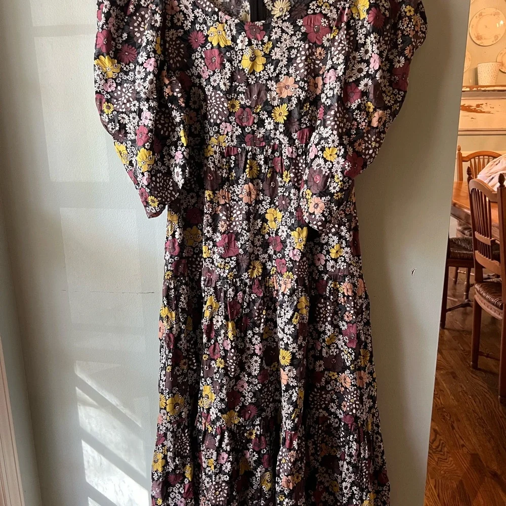 Sea New York Black Floral Dress Puff Sleeveeve Midi Length. Tiered skirt. Small. - Picture 2 of 6